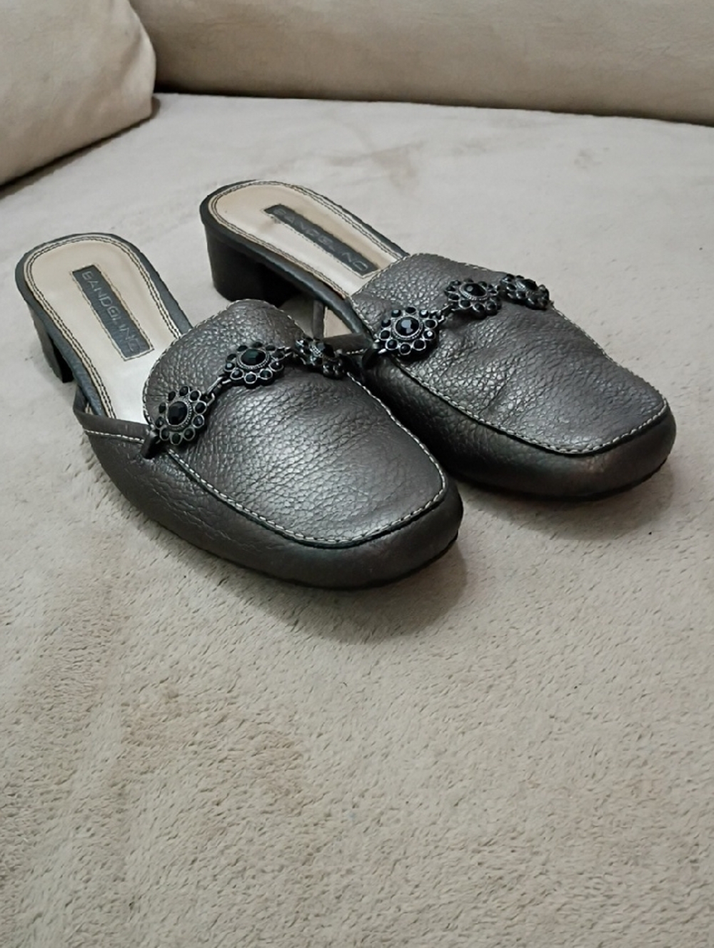 Bandolino Pewter Slip-On Mules with Floral Chain Detail